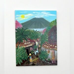 Tropical Village Landscape Volcano Central America Original hand Painting-